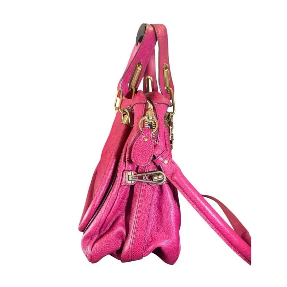 Chloe Fuchsia Pink Leather Medium Paraty 2way Satchel with Charm Auth